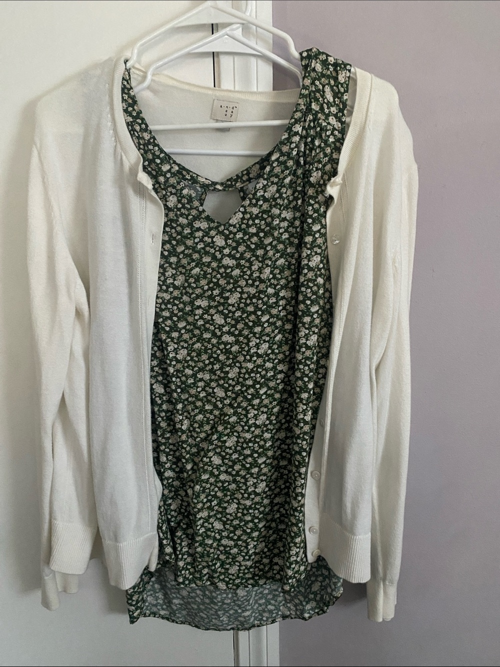 a new day Green Floral Keyhole Tunic Top with White Cardigan